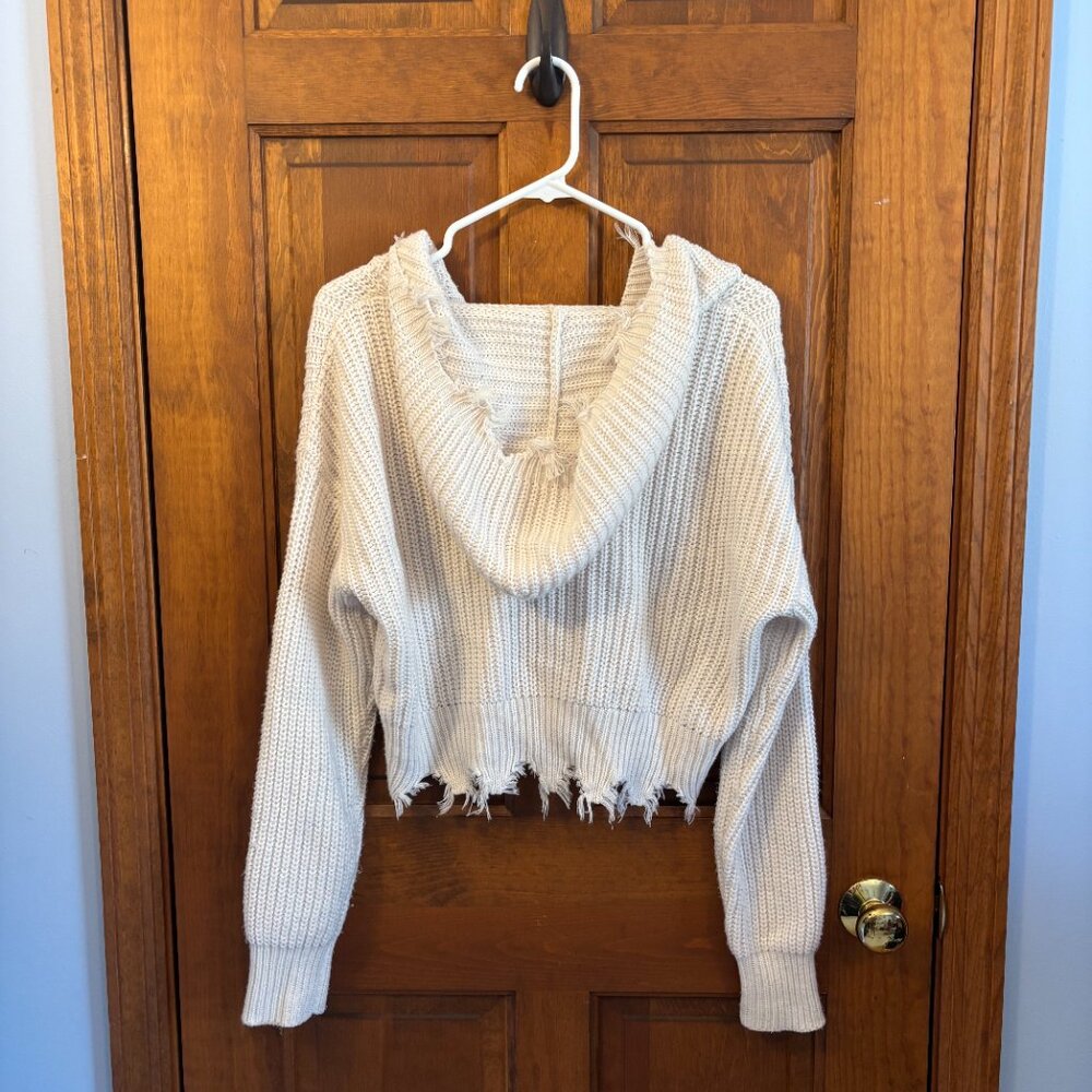 Love Tree Distressed Acrylic Crop Knit Hoodie in White - Picture 4 of 9